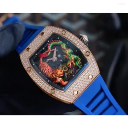 Wristwatches Mens Automatic Mechanical Watch Iced Diamond Black Blue Rubber Dragon Tiger
