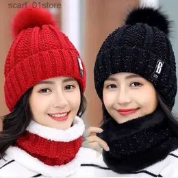 Hats Scarves Sets Women Wool Knitted Hat Ski Hat Sets Windproof Winter Outdoor Knit Thick Siamese Scarf Collar Warm Keep Face Warmer Beanies HatL231113