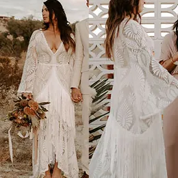 High Low Lace Tassel Beach Wedding Dress A Line Bat Sleeves Slit Front Long Bohemian Bridal Gowns Deep V-Neck Plus Size Boho Bride Dresses