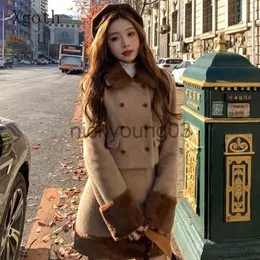 Two Piece Dress Xgoth Women Two-Piece Set Non-Pilling Cashmere Tweed Plush Splice Long Sleeve Short Blazer Coat Elegant High midje Half kjol J231113