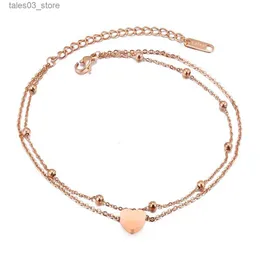 Ankletter Kongmoon Heart Charm Tiny Ball Rose Gold Plated Women Foot Smycken Dubbelskikt Rostfritt stål Justerbart ankelarmband Q231113