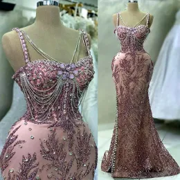 Prom Mermaid Pink Dresses Crystals Beaded Spaghetti Straps Floor Length Custom Made Ruched Evening Party Gowns Vestidos Plus Size