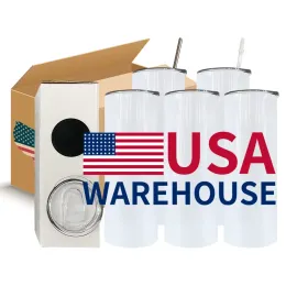 USA Warehouse 20 oz Sublimationsrohlinge Wasserflaschen gerade Edelstahlbecher Kaffeetassen mit Deckel und Plastikstrohhalmen neu