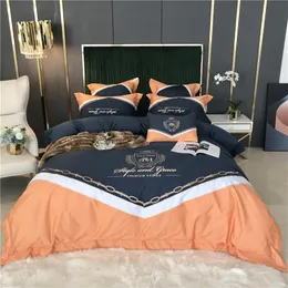 Bedding Sets Premium Blue Orange Splicing Embroidery 60S Satin Like Silk Cotton Set Duvet Cover Bed Linen Fitted Sheet Pillowcases