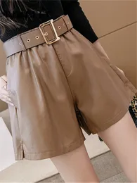 Damen-Shorts REALEFT Winter-PU-Leder-Damenshorts mit Gürtel, stilvolle OL-Taschen mit hoher Taille, lässige Hose mit weitem Bein, weiblich, 230413