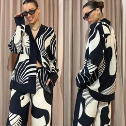 Women's Pants Printing Long Sleeved Female Suits 2023 Autumn Block Color Causal High Waisted Wide Leg Leisure Fashion Sets
