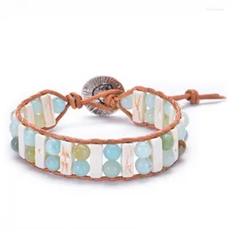 Strand Women Boho Armband Tube Shape Natural Stone Single Leather Wrap Semi Precious Pärlad manschettdroppe