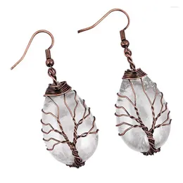 Dangle Earrings Copper Plated Wire Wrap Water Drop Rose Pink Quartz Rock Crystal Vintage Style Jewelry