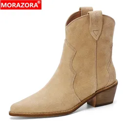 Stövlar Morazora Big Size 3443 Suede Leather Western Boots Women glider på spetsig tå Autumn Cowboy Ankel för 231113