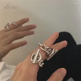 Cluster Rings AOMU 2023 Hollow Toggle Clasp Twisted Silver Color Chain Circle Bar Geometric Punk For Women Minimalist Party Jewelry
