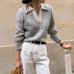 Kadın Sweaters Örme Süveter Kadınlar Sonbahar Retro Mizaç Kontrast Renk Çizgili Üst yaka Çift Cepler Gevşek All Maç