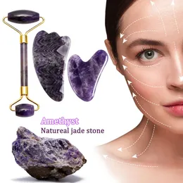 Dispositivi per la cura del viso Rullo per massaggio con ametista Gua Sha Massaggiatore per il viso Giada naturale Antirughe Raschiatura della pelle Guasha Lifting Allevia la linea sottile 231113