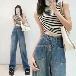 Calças de brim femininas vintage em linha reta feminina de cintura alta solta moda magro denim calças mulher roupas de perna larga selvagem primavera 2023