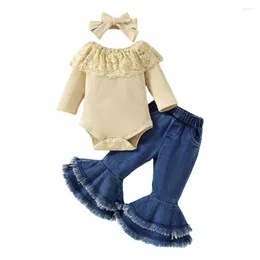 Kläder sätter Baywell Baby Girl Clothes Set Spring Autumn Lace Collar Long-ärmdoppar Toppar Denim Flares Byxor Pannband Prinsessan kläder