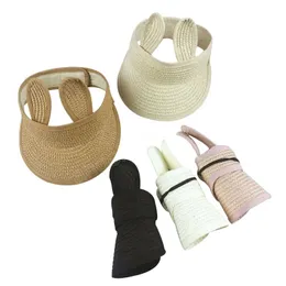 Folding Baby Hat Summer Straw Kids Sun Hat for Boys Girls Cute Bunny Adjustable Baby Visor Cap Beach Travel 1-3Y