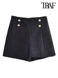 Botões de metal frontal de tráfego feminino Tweed shorts de tweed shorts vintage lateral de cintura alta fêmea calça curta Mujer 230413