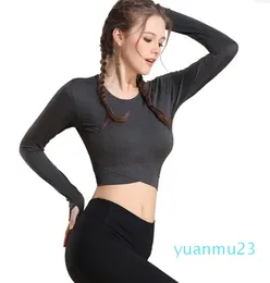 Yoga kläder färgglada sömlösa skjortor kvinnor andas långärmad gröda topp thumb hål spandex monterad gymträning löpning