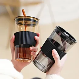 Tumblers 450ml With Straw Glass Coffee Cup Thick Mug Milk Juice Drinkware Travel Sealed Nonslip Reusable Water Office Gift 230413