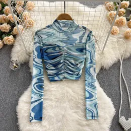 Kobieta damska Kobiety seksowna elastyczna mesh koszulka elegancka krawat bar barwnikowy Upraw Top Podstawowy szczupły koszulka koszulka z długim rękawem Kobiety Spring Streetwear 230413