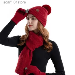 Chapéus cachecóis conjuntos de inverno feminino manter quente conjunto forro de lã gorro telefingers gs engrossar cachecol natal malha ffler bobble chapéu atacado l231113