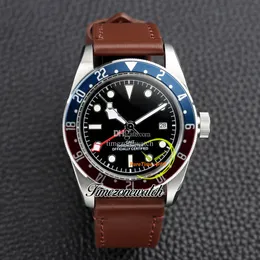 AMF 41mm GMT M79830RB-0002 79830 MENSKRIVER A2813 Automatisk herrklocka Black Dial Blue/Red Bezel Steel Csse Brown Leather Strap New Watches TimeZoneWatch ATD007