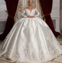 Princess Satin Wedding Dresses Ball Gown Illusion Jewel Neck 3D Flowers Appliques Mariage Bridal Gowns Long Sleeve Vestido de noiva