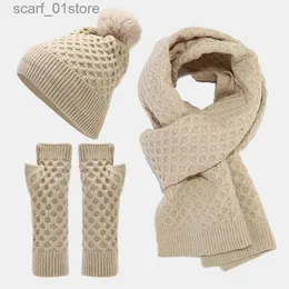 Hats Scarves Sets Knitted Three Piece Hats Scarf Gs Set Autumn Winter Warm Thicken Plush Pompom Ear Protection C Fingerless Long G WomenL231113