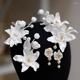 Grampos de cabelo pérola cabeça peça flor branca floral grampos de cabelo para noivas feminino pinos brincos conjunto acessórios de casamento jóias de noiva