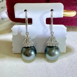 Dangle Earrings Fashion 925 Sterling Silver11-12mm Pearl Real Tahitian Round Black Drop Fine Wedding Party Jewelry