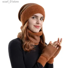 Cappelli Sciarpe Set Donna Inverno Fluffy Keep Warm Set Fodera in pile Beanie Mitten Gs Sciarpa morbida Filato di lana Lavorato a maglia Cappello Fazzoletto da collo NewL231113