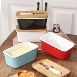 Tigelas Caixa de vedação de manteiga de cerâmica com madeira e tampa Faca queijo Bandeja de bandeja de bandeja de cozinha Recipiente de cozinha