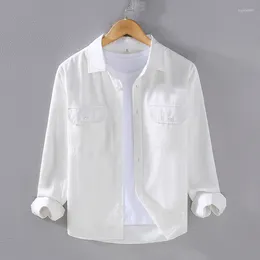 Men's Casual Shirts 2023 Autumn Polo Collar Long Sleeve Shirt Fashion Versatile Pure Cotton Pocket Decoration White High Quality