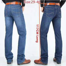 Men's Jeans Extra Long Pants 117CM Tall Men 195CM Plus Size 42 44 46 Classic Blue Stretched High Waisted Elastic Trousers Denim Slim Jeans W0413