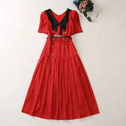 2023 Summer Red Hearts Print Belted Dress Kort ärm V-Neck Paneled Midi Casual Dresses A3A101527