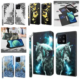 3D Wolf Leather Wallet Falls för Xiaomi 13 MI13 Pro Samsung S23 Ultra Plus A14 5G A54 A24 A34 LACE Butterfly Flower Panda Bird Flip Cover Aniaml Stand Holder Pouch