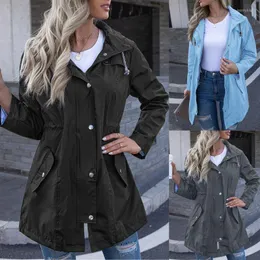 Women's Jackets Women Hooded Rainproof Waist Jacket Zipper Raincoat Winter Slim Long Pocket Button Fashion Causal