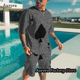 Erkek Trailsits Yaz Moda Trendi Trailsuit 3D Baskı Poker A T Shirt Şort Takım 2 Parça Kıyafet Seti Erkek Büyük Boy Giyim 230413