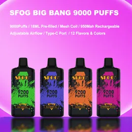 New disposable e cigarette SFOG big bang 9000 puffs disposable vape 18ml pod mesh coil 12 flavors vape disposable puff 9k adjustable airflow rechargeable vapor pen