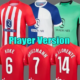 Player Version 23 24 Atletico Morata Madrids Soccer Courseys New Mallsor Logo 2023 2024 M.Llorente Griezmann Koke Saul Correa Lemar Football Shirt Kit