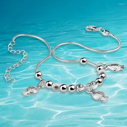 Fußkettchen Süße glückliche runde Perle Fußkettchen 925 Sterling Silber Fisch Damenmode Goldfisch Fuß Ornamente schöne Geschenke