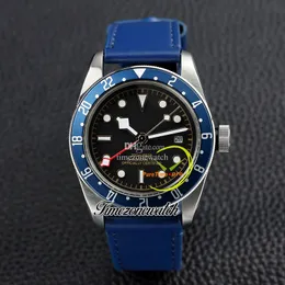 AMF 41 mm GMT M79830RB 79830 Męskie zegarki A2813 Automatyczna męska zegarek czarny wybieranie niebieska ramka stalowa CSSE Blue skórzana pasek Nowe zegarki TimeZoneWatch ATD010