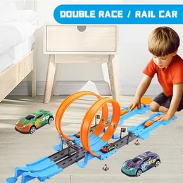 Diecast modelo de carro pista de corrida dublê velocidade dupla rodas de carro modelo brinquedos para crianças diy montado kits ferroviários meninos meninas crianças presente de natal 231110