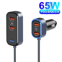 65W 6-i-1 USB Typ C-billaddare 6 portar Adapter med 1,5 m kabel Snabbladdning 3.0 PD3.0 Snabbladdning för iPhone Samsung Xiaomi Mobiltelefon