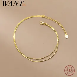 anklets wantme 925 Sterling Silver Simple Double Snake Bone Round Beads Charm Anklet for Women Fine 18K Gold Chain Bohemian Jewelry 231025