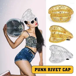 Basker lyx silver guld paljett nit shinny rhinestone hatt kvinnor bröllop brud kapten punk nattklubb prestanda militär