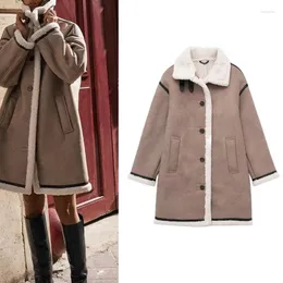 Chaqueta de cuero con botones de doble cara para mujer. Abrigos largos gruesos de otoño e invierno para mujer. Gamuza sintética suelta clásica.