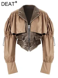 Kvinnorjackor DEAT 2023 Ny höst- och vintermode Kvinnliga kläder Turned Collar Fullärmar Spliced ​​Pu Leather Patchwork Jacket WT264 J231113