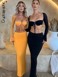 Vestido de duas peças malha criptográfica pura os conjuntos sexy de roupas elegantes para a festa do clube de clubes flare tampe da frente da tampa da frente 230412