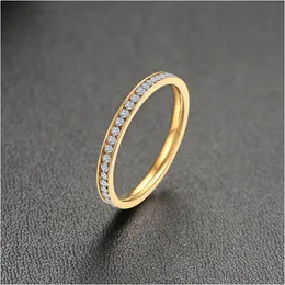 2mm Bling CZ Stones Ring for Women Lady Gold Color Stainless Steel Shinny Crystal Finger Band Elegant Jewelry