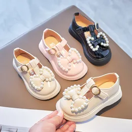 Sneakers Spring Autumn Girls Leather With Bowknot Pearls Beading Princess Sweet Cute Soft Comfortable Children Flats Kids Shoes 230412